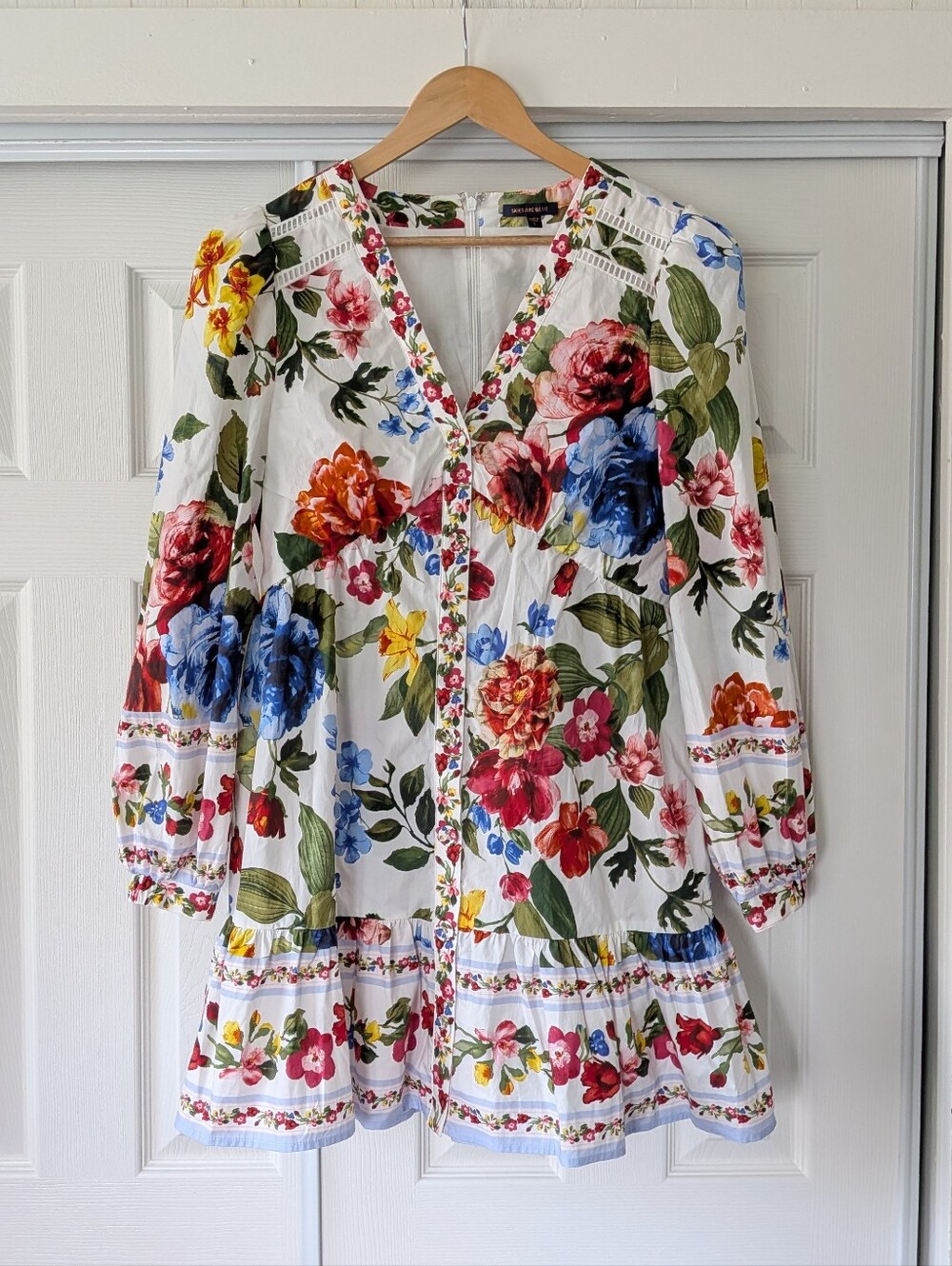 Skies Are Blue White Cotton Floral Long Sleeve Mini Dress Large Boho